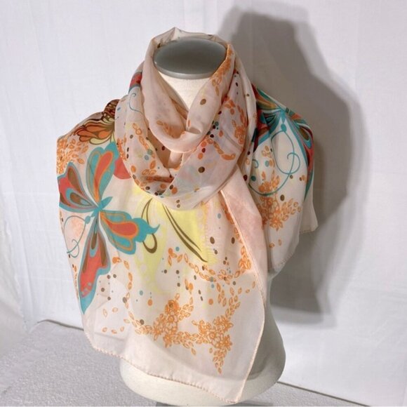 5/$25 Zhenqing Peach Semi Sheer Butterfly Floral Scarf - Picture 1 of 12
